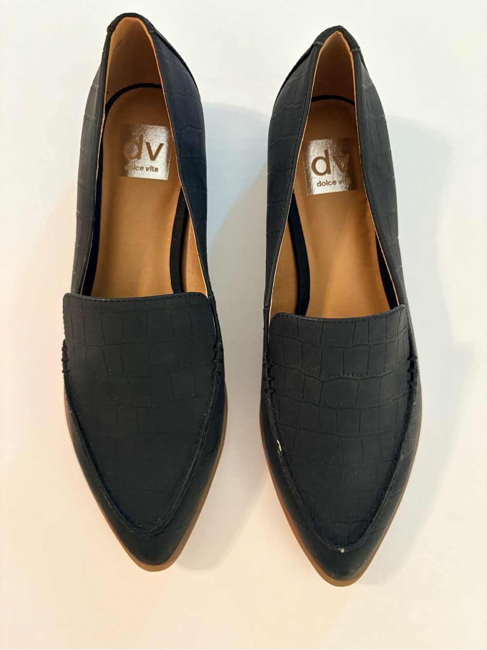 DV Dolce Vita Island Loafers Black Croc Embossed Pointed Toe Low Heel NWT 8.5